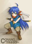  bandana blue_hair chrono_trigger crono crono_(cosplay) green_eyes izumi_konata lucky_star sword 
