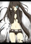  belt bikini_top black_hair black_rock_shooter black_rock_shooter_(character) blue_eyes coat front-tie_top gloves glowing glowing_eyes hands_on_own_face hooded_jacket jacket long_hair mono_(recall) navel scar short_shorts shorts solo sweater tears tree twintails uneven_twintails very_long_hair 