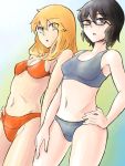  alternate_hairstyle bad_id bikini black_hair blonde_hair blue_eyes blush brown_eyes brown_hair funa glasses hand_on_hip hyakko kageyama_torako kazamatsuri_touma lingerie long_hair multiple_girls navel short_hair standing swimsuit underwear 