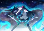  aqua_eyes aqua_hair bad_id detached_sleeves glowing glowing_eyes hatsune_miku headphones headset long_hair meteor necktie night riru skirt solo spring_onion thigh-highs thighhighs twintails very_long_hair vocaloid zettai_ryouiki 