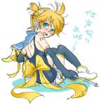  blonde_hair blue_eyes blush cosplay crossdressing crossdressinging detached_sleeves headphones kagamine_len kagamine_len_no_bousou_(vocaloid) lalamix male moetan sketch skirt tears thigh-highs thighhighs translated trap vocaloid 