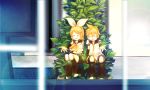  blonde_hair closed_eyes detached_sleeves hair_ornament hair_ribbon hairclip hands headset kagamine_len kagamine_rin midriff outstretched_arm outstretched_hand plant reaching ribbon short_hair siblings smile soriku twins vocaloid 