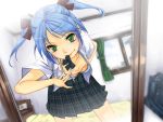  blue_hair bow breast_padding breasts cleavage clock commentary crossdressing crossdressinging green_eyes male mirror mouth_hold original plaid solo tartan trap twintails yui_7 