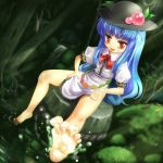  blue_hair bottomless feet food foreshortening fruit hat hinanawi_tenshi long_hair opengear opungia peach red_eyes touhou water 