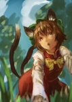  1girl animal_ears bow brown_eyes brown_hair cat_ears cat_tail chen crawling fang hat kazusa_(_0576861614433) long_sleeves looking_at_viewer mob_cap multiple_tails open_mouth shirt short_hair skirt skirt_set solo tail touhou vest 