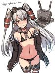  1girl amatsukaze_(kantai_collection) bikini black_bikini blush brown_eyes choker full-face_blush gloves hairband horosuke_(toot08) kantai_collection long_hair mini_hat navel open_clothes open_shirt red_legwear rensouhou-kun silver_hair single_glove sketch small_breasts solo string_bikini swimsuit tears thigh-highs twintails two_side_up white_gloves 