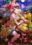  1girl armband bracelet breasts brown_eyes cleavage dress drink flower food fruit hair_flower hair_ornament hair_ribbon jewelry long_hair moon necklace night ocean original petals pineapple ponytail purple_hair ribbon sakiyamama sandals sitting sky smile solo table tenkuu_no_crystalia water 