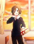  1girl androgynous antenna_hair artist_request black_hair box classroom clouds cloudy_sky gift gift_box idolmaster kikuchi_makoto looking_at_viewer open_mouth short_hair sky smile sunset sweater 
