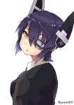  1girl eyepatch gomashi_(goma) headgear kantai_collection looking_at_viewer looking_back open_mouth purple_hair school_uniform short_hair simple_background solo tenryuu_(kantai_collection) white_background yellow_eyes 
