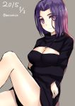  1girl 2015 backlighting breast_hold breasts clock_(clockart) cowboy_shot dated eyes_visible_through_hair grey_background jewelry kantai_collection large_breasts light_smile long_sleeves looking_at_viewer necklace one_leg_raised open-chest_sweater purple_hair short_hair simple_background sitting solo sweater tatsuta_(kantai_collection) turtleneck twitter_username violet_eyes 