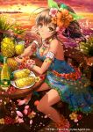  1girl armband bracelet breasts brown_eyes brown_hair cleavage dress drink flower food fruit hair_flower hair_ornament hair_ribbon jewelry long_hair necklace ocean original petals pineapple ponytail ribbon sakiyamama sandals sitting sky smile solo sunset table tan tenkuu_no_crystalia water 