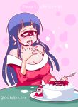  1girl bare_shoulders blue_hair breasts cake cleavage cream_on_face cyclops earrings food fork half-closed_eyes hitomi_(hitomi_sensei_no_hokenshitsu) hitomi_sensei_no_hokenshitsu jewelry licking_hand long_hair merry_christmas one-eyed red_eyes shake-o solo 