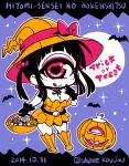  1girl 2014 bare_shoulders bat black_hair breasts candy cleavage copyright_name cyclops dated earrings full_body full_moon gloves halloween hat heart heart-shaped_pupils hitomi_(hitomi_sensei_no_hokenshitsu) hitomi_sensei_no_hokenshitsu jack-o&#039;-lantern jewelry licking_lips long_hair moon one-eyed red_eyes shake-o solo star symbol-shaped_pupils trick_or_treat witch_hat 