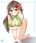  all_fours amagi_(kantai_collection) bare_legs bare_shoulders breast_hold breasts brown_eyes brown_hair cleavage flower front_zipper_swimsuit green_swimsuit hair_flower hair_ornament highres kantai_collection kyamu_(qqea92z9n) long_ponytail looking_at_viewer mole mole_under_eye one-piece_swimsuit ponytail swimsuit 
