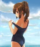 1girl brown_eyes brown_hair i-401_(kantai_collection) kanabun kantai_collection one-piece_swimsuit open_mouth ponytail school_swimsuit short_hair short_ponytail solo swimsuit tan tanline