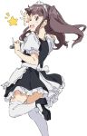  1girl brown_hair frills green_eyes hair_ribbon long_hair looking_back maid maid_headdress microphone okamoto_miyu one_eye_closed open_mouth ribbon singing solo standing_on_one_leg thigh-highs twintails umanosuke wake_up_girls! white_background zettai_ryouiki 