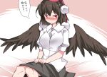  1girl black_hair black_wings blush breasts commentary_request hammer_(sunset_beach) hat large_breasts looking_at_viewer shameimaru_aya short_hair short_sleeves sitting skirt solo tokin_hat touhou translation_request wings 