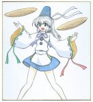  1girl :d bare_legs grey_eyes hat long_hair looking_at_viewer meguru_(mm-da) miniskirt mononobe_no_futo open_mouth plate_spinning pom_pom_(clothes) ponytail shikishi silver_hair skirt smile solo tate_eboshi touhou traditional_media wide_sleeves 