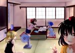  4girls absurdres alternate_hairstyle bare_arms barefoot black_hair blonde_hair blue_hair book bow braid brown_hair butterfly_sitting camisole cirno closed_eyes contemporary cushion electric_fan eraser expressionless hair_bow hakurei_reimu hat highres indoors kirisame_marisa kneeling looking_at_another looking_at_viewer multiple_girls no_wings open_book open_mouth pencil_case photobomb pink_shirt pointing ponytail profile red_eyes shameimaru_aya short_hair shorts side_glance single_braid sitting sleeveless sleeveless_shirt table tank_top tatami textbook tokin_hat touhou utako_(kuromosuki) v vase wariza window yellow_eyes 