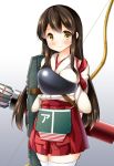  1girl akagi_(kantai_collection) arrow bow_(weapon) brown_eyes brown_hair commentary flight_deck hakama japanese_clothes kantai_collection long_hair looking_at_viewer muneate quiver smile solo thigh-highs weapon yuki_no_iori 