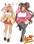  2girls agawa_ryou artist_name blonde_hair blue_eyes bow breasts brown_hair bunny_pose cat clothes_around_waist commentary_request dark_skin double_bun huge_breasts long_hair loose_socks mai_pochi mii_nyasu multiple_girls open_mouth original paw_pose pleated_skirt rabbit school_uniform simple_background skirt smile socks standing sweater_around_waist thigh-highs twintails watermark web_address white_background yellow_eyes 