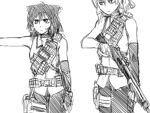  1girl bow didloaded gloves gun hair_bow hair_tubes hakurei_reimu headset load_bearing_vest monochrome operator short_hair shotgun shotgun_shells sleeveless tagme touhou trigger_discipline watch weapon 