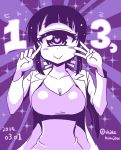  1girl 2015 breasts cleavage cyclops dated heart heart-shaped_pupils hitomi_(hitomi_sensei_no_hokenshitsu) hitomi_sensei_no_hokenshitsu one-eyed purple shake-o smile solo sparkle symbol-shaped_pupils upper_body violet_eyes 