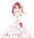  1girl blush brown_hair dress elbow_gloves gloves happy_tears jewelry kantai_collection kidamochi looking_at_viewer red_eyes ring ryuujou_(kantai_collection) solo strapless_dress tears twintails veil wavy_mouth wedding wedding_dress wedding_ring 