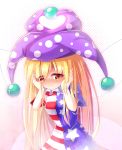  1girl american_flag_shirt blonde_hair blush clownpiece fairy_wings full-face_blush gradient gradient_background hands_on_own_face hat jester_cap long_hair looking_at_viewer red_eyes shirt short_sleeves solo touhou upper_body wings z.o.b 