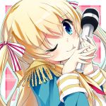  1girl ;p bangs bekki_natsumi blonde_hair blue_eyes bow commentary_request epaulettes hair_bow looking_at_viewer microphone neo1031 no-rin one_eye_closed solo tongue tongue_out two_side_up 