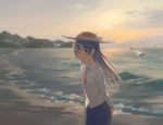  1girl arms_behind_back beach bird blue_hair bow clouds gensou_kuro_usagi hat hat_bow highres long_hair looking_at_viewer love_live!_school_idol_project ocean seagull shirt skirt sky smile solo sonoda_umi sunset wind yellow_eyes 