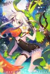  1girl arched_back black_dress blue_n dress flower green_eyes hair_between_eyes leaning_forward open_mouth partially_submerged petals scissors short_dress silver_hair small_breasts solo sparkle thigh_strap wading 