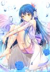  1girl angel_wings blue_hair bubble butterfly_hair_ornament flower hair_ornament headphones highres long_hair love_live!_school_idol_project rose smile solo sonoda_umi tailam underwater wings yellow_eyes 