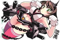  1girl anchor breasts brown_hair cannon chain gashi-gashi gloves green_eyes headgear kantai_collection microskirt midriff mutsu_(kantai_collection) navel paw_pose red_legwear short_hair sideboob skirt solo thigh-highs wet white_gloves 