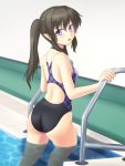  1girl ass back black_hair competition_swimsuit gomi_(gomitin) himekaidou_hatate looking_at_viewer looking_back one-piece_swimsuit open_mouth pointy_ears solo swimsuit touhou twintails violet_eyes water 