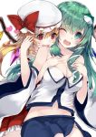  2girls adapted_costume blonde_hair blush bow breasts cleavage crystal detached_sleeves flandre_scarlet frog_hair_ornament green_eyes green_hair hair_ornament hands_on_another&#039;s_chest hat hat_bow heart highres hug hug_from_behind japanese_clothes kochiya_sanae kou_mashiro long_sleeves looking_at_another midriff miko mob_cap multiple_girls navel one_eye_closed open_mouth ponytail red_eyes shirt short_hair side_ponytail simple_background skirt skirt_set smile snake_hair_ornament touhou vest white_background wide_sleeves wings yuri 