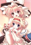  2girls :d alice_margatroid apron blonde_hair blue_eyes blush bow braid capelet couple doll error hair_bow hairband hat hat_bow hug kirisame_marisa looking_at_viewer lumine_(2339) multiple_girls open_mouth red_eyes shanghai_doll short_hair side_braid simple_background sitting smile touhou witch_hat yellow_eyes yuri 