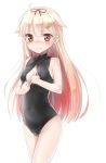 1girl blonde_hair blush breasts front_zipper_swimsuit hair_ornament hair_ribbon hairclip kantai_collection long_hair nyifu one-piece_swimsuit red_eyes ribbon solo swimsuit yuudachi_(kantai_collection) 