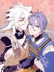  2boys blue_eyes blue_hair gloves holding_hands japanese_clothes kogitsunemaru long_hair looking_at_viewer male_focus mikazuki_munechika multiple_boys orange_eyes sayagata seigaiha short_hair touken_ranbu unmoving_pattern white_hair zuwai_kani 