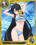  1girl black_hair blue_background bracelet breasts card_(medium) character_name chess_piece flower glasses hair_flower hair_ornament high_school_dxd jewelry long_hair necklace official_art queen_(chess) shinra_tsubaki swimsuit trading_cards very_long_hair 