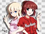  2girls aislinn_wishart artist_name baseball_jersey blonde_hair blue_eyes blush casual green_eyes hair_bun locked_arms multiple_girls nonohachi open_mouth pen_behind_ear redhead saki shirt short_hair side-by-side signature smile standing usuzawa_sae v 