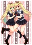  2girls bangs black_gloves black_legwear black_serafuku black_skirt blonde_hair blunt_bangs breast_press dual_persona fingerless_gloves gloves green_eyes hair_flaps hair_ornament hair_ribbon hairclip holding_hand kantai_collection kneehighs loafers long_hair looking_at_viewer multiple_girls neckerchief pleated_skirt red_eyes revision ribbon scarf school_uniform serafuku shoes skirt smile sousui_hani white_skirt yuudachi_(kantai_collection) 