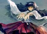 1girl :d alluka_zoldyck black_hair hair_ornament headband hunter_x_hunter japanese_clothes long_hair long_sleeves miko nuriko-kun open_mouth orange_eyes outstretched_arms smile smiley_face solo wide_sleeves