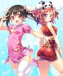  2girls \m/ back-to-back black_hair bracelet bun_cover china_dress chinese_clothes dress fang hair_ribbon high_heels highres jewelry love_live!_school_idol_project multiple_girls nishikino_maki panda_on_head pearl red_eyes redhead ribbon short_dress short_hair standing standing_on_one_leg stuffed_animal stuffed_panda stuffed_toy tamaran thigh-highs twintails violet_eyes white_legwear yazawa_nico 