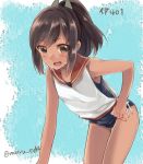  bent_over brown_hair i-401_(kantai_collection) kantai_collection maruki_(punchiki) ponytail sailor_collar school_swimsuit school_uniform swimsuit swimsuit_under_clothes tan 
