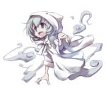  1girl :d blue_eyes blue_hair foreshortening ghost ghost_tail happy hooded_cloak nekoguruma open_mouth pointing pointing_at_viewer puyopuyo short_hair smile solo yu-chan 