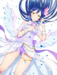 1girl angel_wings blue_hair bobo_(uccello) butterfly_hair_ornament dress hair_ornament highres jewelry long_hair looking_at_viewer love_live!_school_idol_project petals smile solo sonoda_umi wings yellow_eyes 