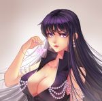  1girl bare_shoulders bishoujo_senshi_sailor_moon black_hair breasts cleavage douyougen earrings facial_mark forehead_mark holding jewelry lips long_hair mistress_9 nail_polish necklace open_mouth pearl purple_hair simple_background sleeveless solo tomoe_hotaru upper_body violet_eyes 