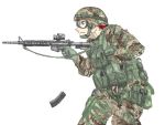  aiming assault_rifle blue_eyes camouflage didloaded gloves goggles gun hat helmet load_bearing_vest magazine_(weapon) military military_hat military_uniform original redhead reloading rifle tagme trigger_discipline uniform weapon 