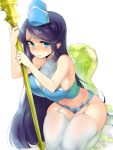  1girl ambition_of_the_slimes black_hair blue_eyes blush breasts garter_straps hat large_breasts long_hair looking_at_viewer naso4 sideboob simple_background slime solo staff thigh-highs white_background 